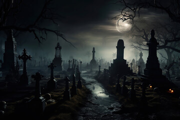 Wall Mural - spooky graveyard with tombstones, eerie fog, and a full moon casting a shadow, generative ai 