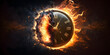 A clock on fire, time's burning end in fiery clock image, time is money concept.