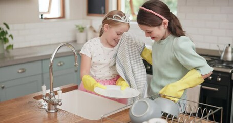 Poster - Children, learning and cleaning dishes in kitchen with sister, girl or helping to wash, dry and clean house with water. Kids, washing and cloth to wipe plates, cutlery or teaching housework to girls