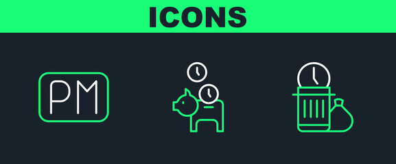 Sticker - Set line Waste of time, Day and Piggy bank with coin icon. Vector