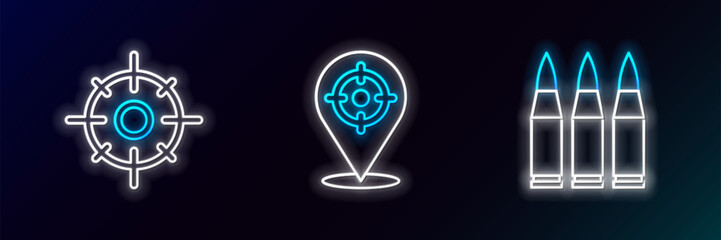 Sticker - Set line Bullet, Target sport and icon. Glowing neon. Vector