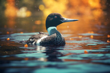 Duck Loon Bird Animal Swims On Blue Water In The River Or Lake. Common Loon Or Great Northern Diver - Gavia Immer. Generative AI