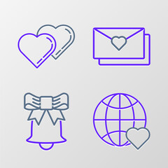 Canvas Print - Set line The heart world love, Ringing bell, Envelope with Valentine and Two Linked Hearts icon. Vector