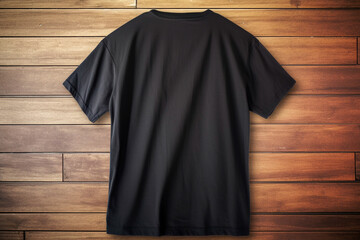 Wall Mural - Mockup of black men's cotton t-shirt on coat rack on wooden background. Generative AI