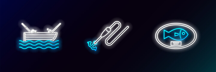 Poster - Set line Fish trophy hanging on the board, Fishing boat with fishing rod water and line hook and float icon. Glowing neon. Vector