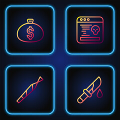 Poster - Set line Bloody knife, Marijuana joint, Money bag and System bug. Gradient color icons. Vector