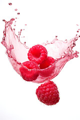 Two raspberries splashing into a bowl of water. Generative AI.