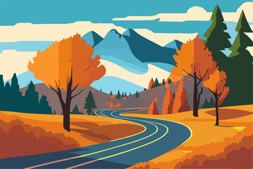 Landscape of mountain empty road in autumn with stones, pines, bushes, orange, trees and mountains.  Flat colorful vector illustration