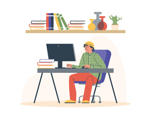 Young boy working at computer flat style, vector illustration