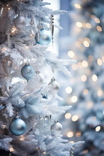 Close-up Photography Of Christmas Tree With Balls, Winter Celebration Background In White And Blue Tones. Generative AI