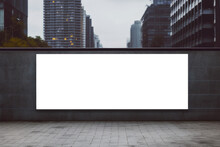 White Large Horizontal Billboard Mock Up On Fence Wall With Urban Modern City Background. AI Generative