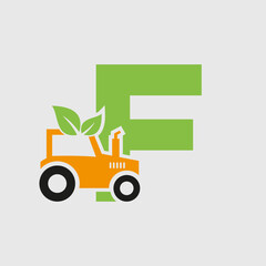 letter f agriculture logo concept with tractor icon vector template. eco farm symbol