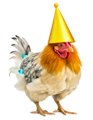 Wall Mural - rooster with a party hat, isolated on a transparant background, funny animals, clipart cutout scrapbook, birthday card