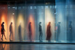 Mannequins standing in showcase luxury shopping mall. Glass windows and storefronts. People shopping. Fashion show. Trendy place. Elegance collection