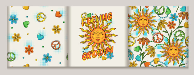 Wall Mural - Label, patterns with sun with face, beads, heart, chamomile, text. Concept of harmony, balance. Peaceful, summer illustration. For clothing, apparel, T-shirts, surface decoration. Groovy, hippie style