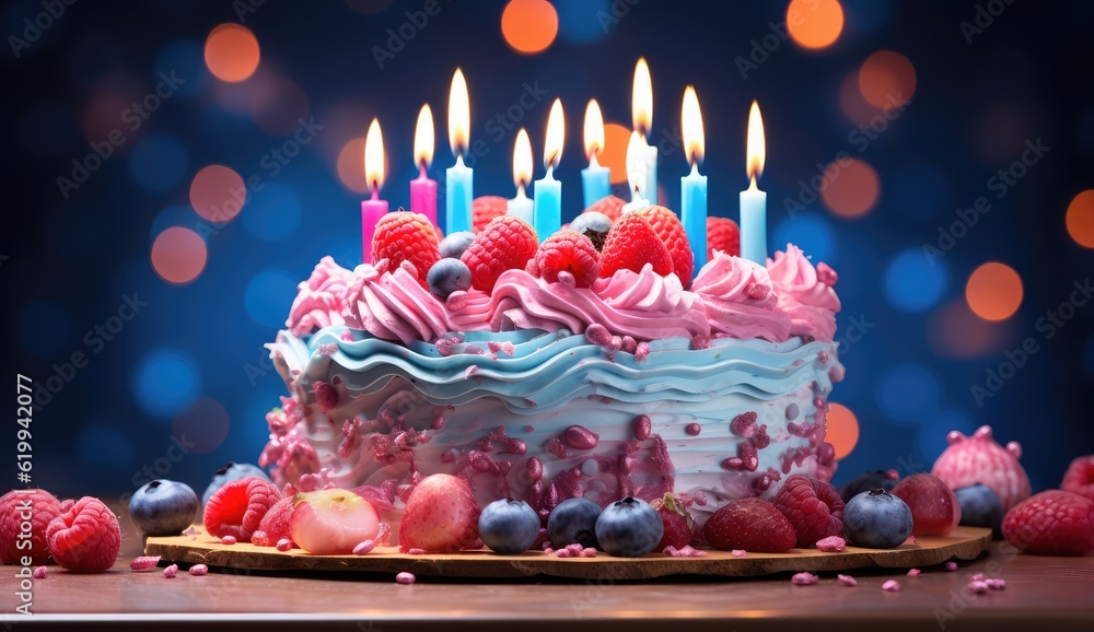Birthday cake with candles on blue background. Stock Photo | Adobe Stock