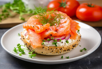 Delicious keto bagel with smoked salmon and cream cheese on a white plate. Ai generated 