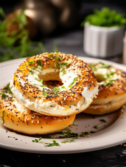 Close up of fresh bagels with cream cheese on white plate, ai generated 