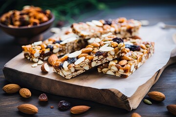 healthy snacks, fitness lifestyle and high fiber diet concept with by almonds and raisins on a woode