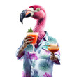 a Flamingo, a party animal in a Hawaiian shirt holding a drink in a Fun Party-themed, photorealistic illustration in a PNG, cutout, and isolated. Generative AI