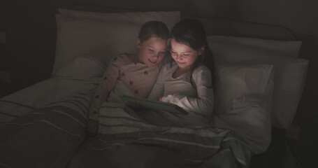 Sticker - Tablet, night and relax with children in bedroom for storytelling, streaming and watching movies. Happy, internet and technology with kids in family home for subscription, online and social media