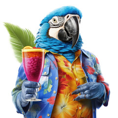 Wall Mural -  a Macaw as a party animal, a cool cat, in a Hawaiian shirt holding a drink in a Fun Party-themed, photorealistic illustration in a PNG, cutout, and isolated. Generative AI