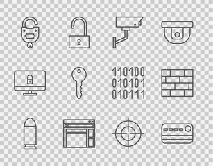 Canvas Print - Set line Bullet, Credit card, Security camera, Website template, Lock and key, Key, Target sport and Bricks icon. Vector