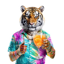 A Bengal Tiger As A Party Animal, A Cool Cat, In A Hawaiian Shirt Holding A Drink In A Fun Party-themed, Photorealistic Illustration In A PNG, Cutout, And Isolated. Generative AI