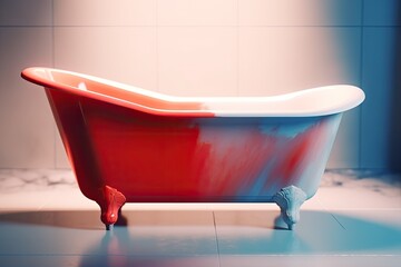 Poster - modern red and white bathtub on a tiled floo