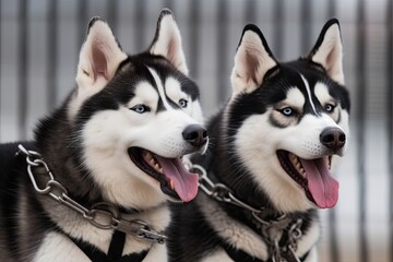 Illustration of two energetic husky dogs with open mouths in black and white