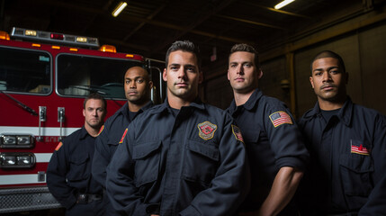 Firefighters standing tall and confident against the backdrop of a fire station Generative AI
