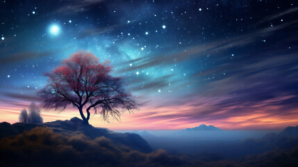 Ethereal celestial stars and night sky over nature landscape in dreamy surreal fantasy. Depicts feelings of wonder and enchantment.