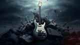Rock poster, guitar in the night. Illustration. Ai generation.