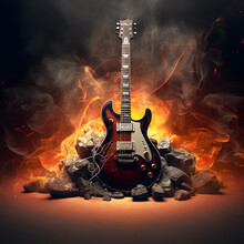 The Illustration Shows An Electric Guitar With A Bright Red Body Giving Off An Intense Shine. Its Strings Are Brightly Lit And Create Contrast With The Dark Background.