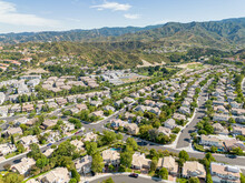 Stevenson Ranch, California - July 3, 2023: Aerial Drone Photo Above Stevenson Ranch City Near Santa Clarita, Valencia, CA For Homes, Houses, Condos, And Apartments, With A Mountain View