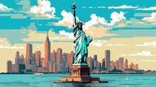New York,The Statue Of Liberty, 2d Cartoon Vector Illustration.