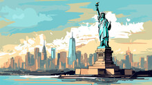 New York,The Statue Of Liberty, 2d Cartoon Vector Illustration.