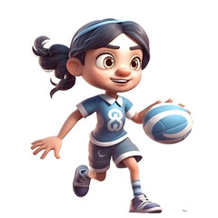 Canvas Print - 3D Render of a Little Girl Playing Basketball Isolated on White Background