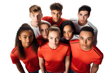 Overhead Shot Of Six College Students In Red Sports Jersey. Isolated Transparent Background