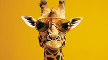 Giraffe With Sunglasses On Yellow Background Generative AI