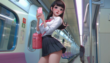 Anime, A Sexy Girl In A Short Skirt Takes A Selfie Photo On A Smartphone, A View From A Lower Angle In The Subway Train. Created With AI.