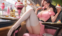 Anime, Sexy Girl In A Short Skirt Eats Ice Cream In A Cafe And A Cocktail, View From The Bottom Angle In The Interior Of The Restaurant. Created With AI.