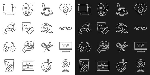 Sticker - Set line Nursing home, Smart Tv, Eyeglasses, Rocking chair, Medicine pill or tablet, Yarn ball with knitting needles, Pillow and Grandmother icon. Vector