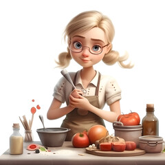 3d illustration of a cute little girl cooking at the kitchen table. isolated on white background