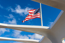 American Flag From The Interior Of The USS Arizona Memorial, Pearl Harbor National Memorial,  Oahu Hawaii, USA