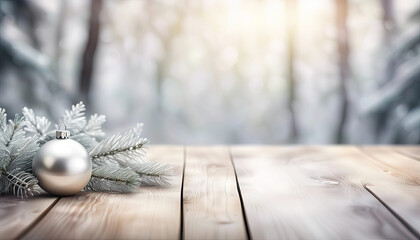 Christmas wood table top background with copy spacd in silver and green