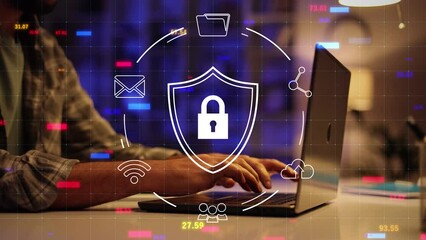 Working artificial intelligence. laptop in neon light with computer VPN, virtual network,internet,cyber security, cybercrime protection. Secure online payments, digital wallet, mobile wallet security