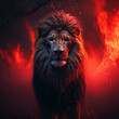A beautiful image of a lion with a red light. Dramatic tone.AI generated image.