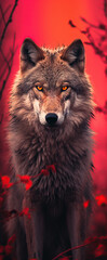 Wall Mural - A beautiful image of a wolf with a red light. Dramatic tone.AI generated image.