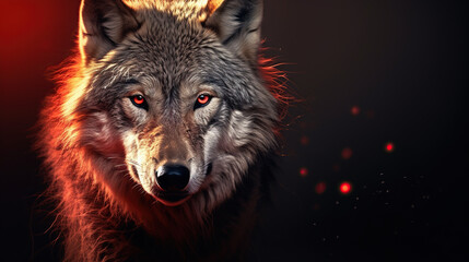 a beautiful image of a wolf with a red light. dramatic tone.ai generated image.